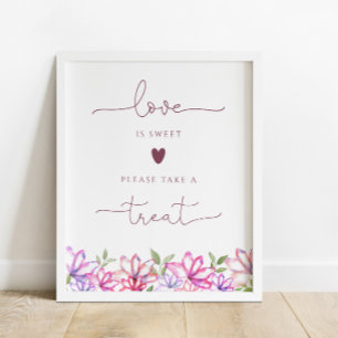 Póster Letrero de flores rosadas El amor es un dulce trat