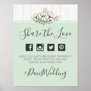 Póster Letrero de Foto con Hashtag de Boda de Algodón Sur