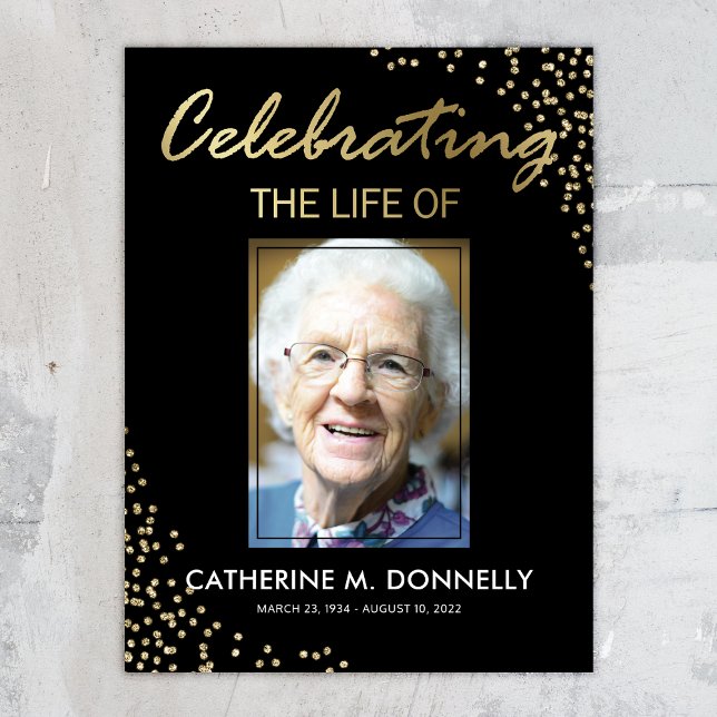 Póster Letrero de Funeral | Celebración de Vida Negro Oro (Subido por el creador)