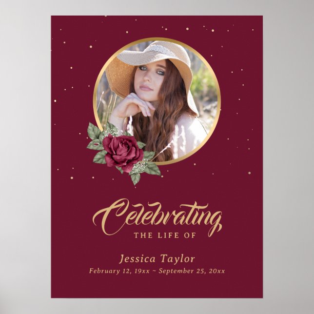 Póster Letrero de funeral floral burgundy personalizado (Frente)