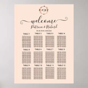 Póster Letrero de Gráfico de Asientos de Boda con Monogra