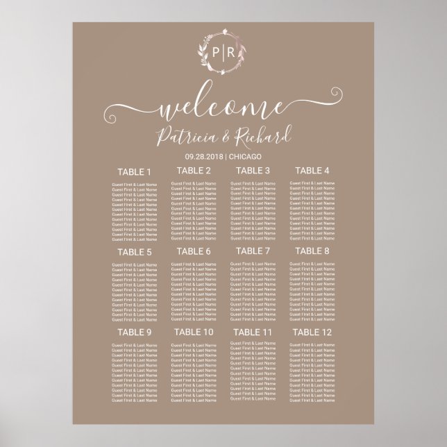 Póster Letrero de Gráfico de Asientos de Boda con Monogra (Frente)