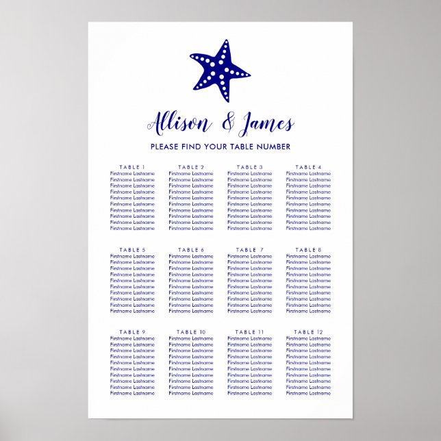 Póster Letrero de gráfico de asientos de boda de estrella (Frente)