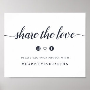 Póster Letrero de Hashtag de Boda de Caligrafía Azul Mari