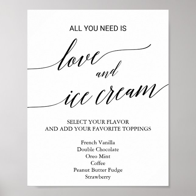 Póster Letrero de helado de boda con caligrafía negra ele (Frente)