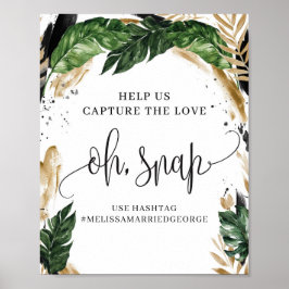 Póster Letrero de hojas tropicales boho de verano con oro