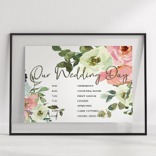 Póster Letrero de horario de boda floral rosa rubor de cá