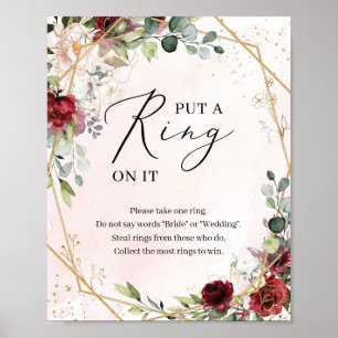 Póster Letrero de juego de anillo boho borgoña floral