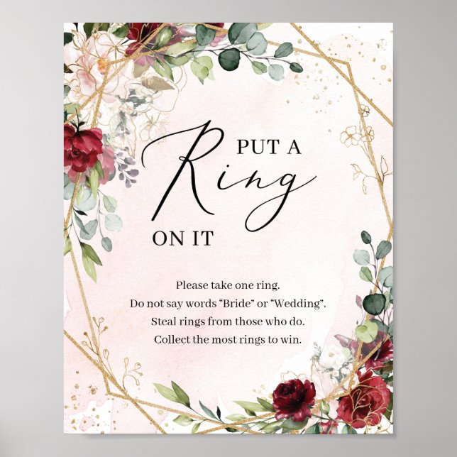 Póster Letrero de juego de anillo boho borgoña floral (Frente)