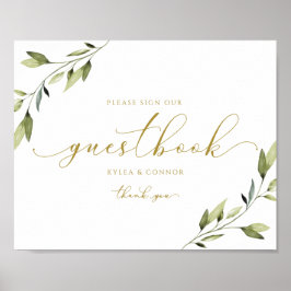 Póster Letrero de Libro de Firmas de Boda Etéreo Verde y