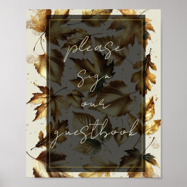 Póster Letrero de libro de firmas de hojas de oro beige y (Frente)