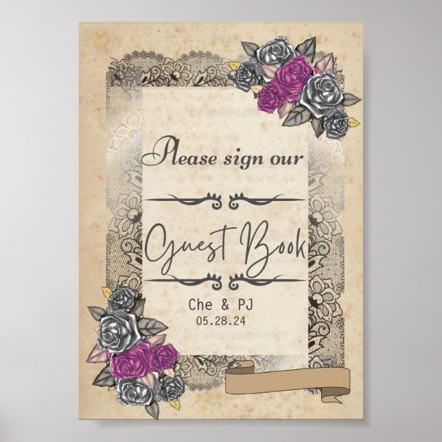 Póster Letrero de Libro de Firmas de Invitados de Boda Rú (Frente)