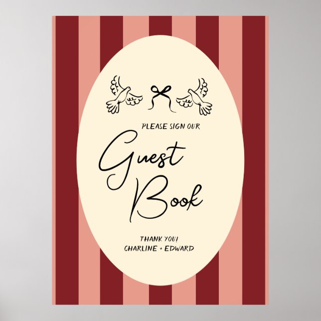 Póster Letrero de Libro de Invitados de Boda de Rayas Ros (Frente)