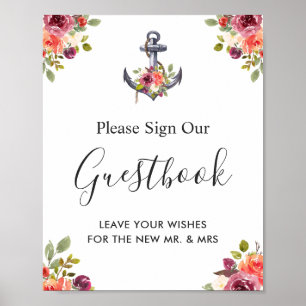 Póster Letrero de Libro de Invitados de Boda Floral Ancla