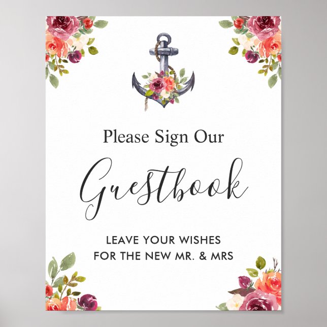 Póster Letrero de Libro de Invitados de Boda Floral Ancla (Frente)