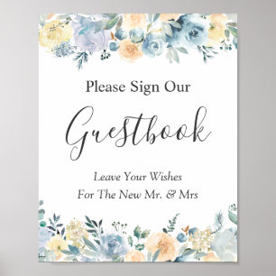Póster Letrero de libro de invitados de boda floral azul