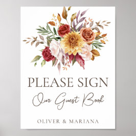 Póster Letrero de Libro de Invitados de Boda Floral Marró