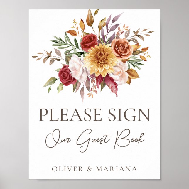 Póster Letrero de Libro de Invitados de Boda Floral Marró (Frente)