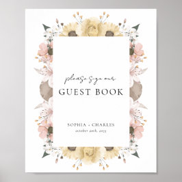 Póster Letrero de Libro de Invitados de Boda Floral Rústi