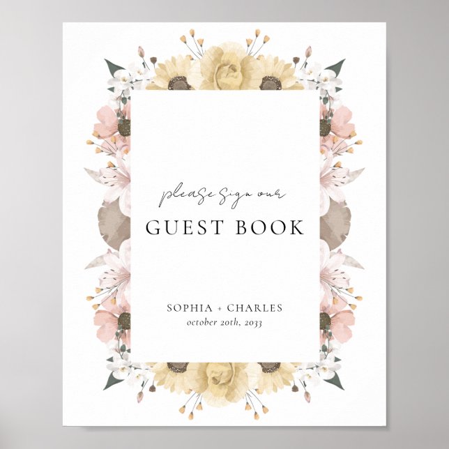 Póster Letrero de Libro de Invitados de Boda Floral Rústi (Frente)