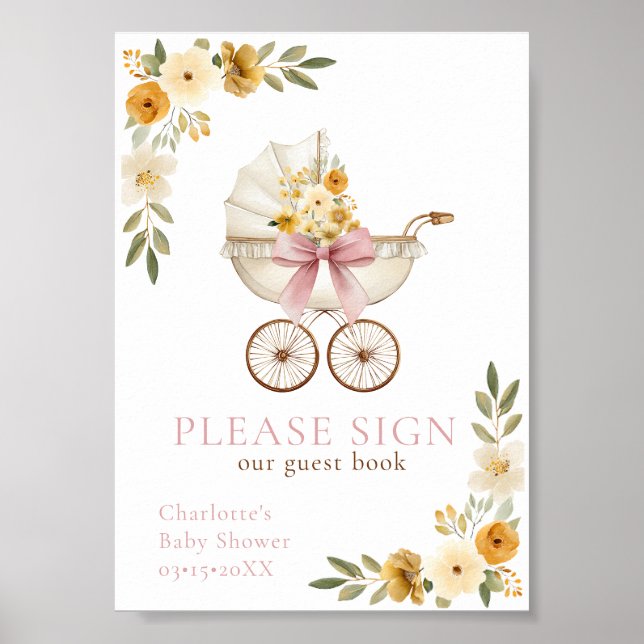 Póster Letrero de Libro de Invitados de Cochecito Floral  (Frente)