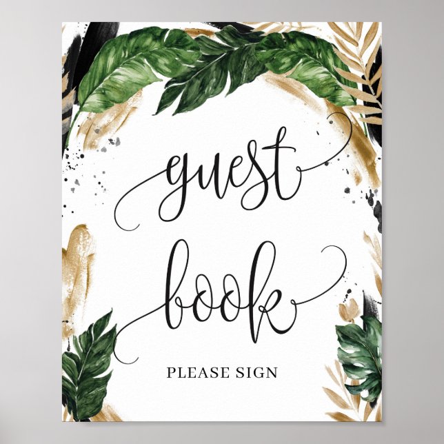 Póster Letrero de libro de invitados de flores hojas trop (Frente)