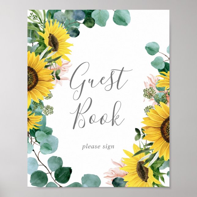 Póster Letrero de Libro de Invitados de Girasol Eucalipto (Frente)