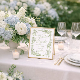 Póster Letrero de Libro de Invitados de Hortensias Verde
