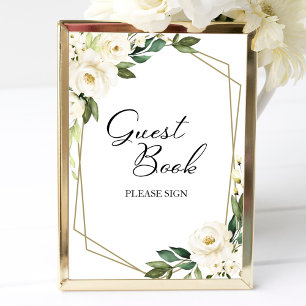 Póster Letrero de Libro de Invitados Floral Blanco Geomét
