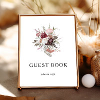 Letrero de Libro de Invitados Floral Boho Borgoña