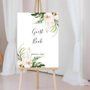 Póster Letrero de Libro de Invitados Floral de Follaje Tr