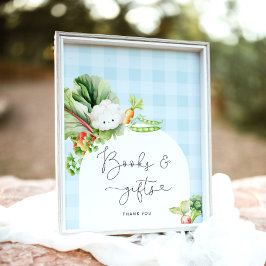 Póster Letrero de libros y regalos azules de verduras cul