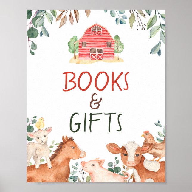 Póster Letrero de Libros y Regalos de Animales de Granja (Frente)