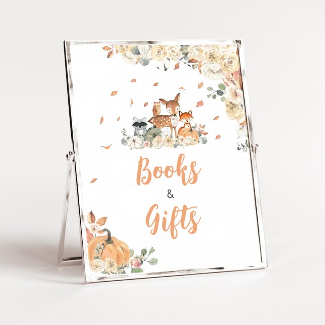 Póster Letrero de Libros y Regalos de Animales del Bosque (Floral Woodland Animals Baby Shower Books and Gifts Sign)