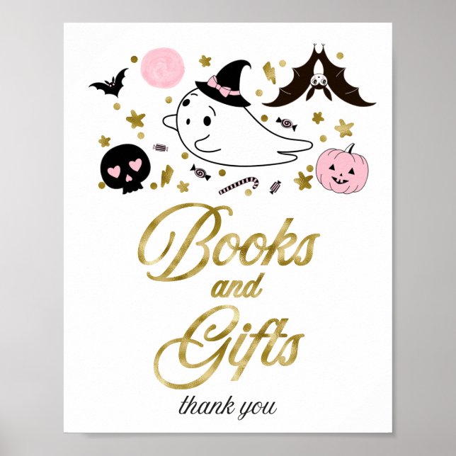Póster Letrero de libros y regalos para baby shower de Ha (Frente)