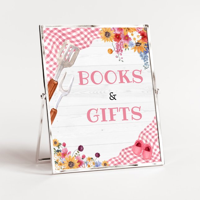 Póster Letrero de Libros y Regalos para Fiesta de Bebé co (Girl Baby-Q Baby Shower Books and Gifts Sign)