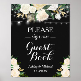 Póster Letrero de Luces de Cuerda Floral Blanco Chic Firm