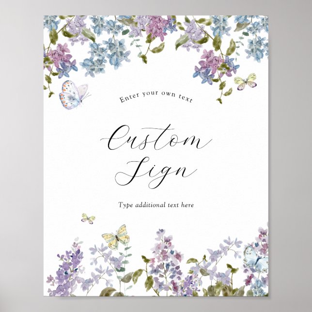 Póster Letrero de mariposas y lila con texto personalizad (Frente)