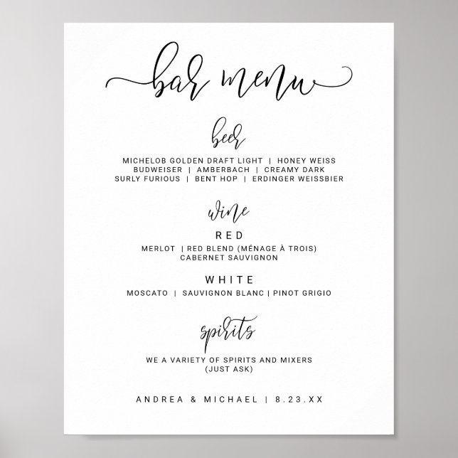 Póster Letrero de menú de bar de boda - Caligrafía Bounce (Frente)