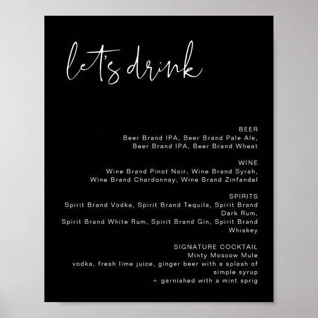 Póster Letrero de menú de bar moderno negro JOVI Let's Dr (Frente)