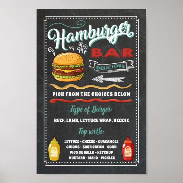 Póster Letrero de menú de barra de hamburguesas para fies (Frente)