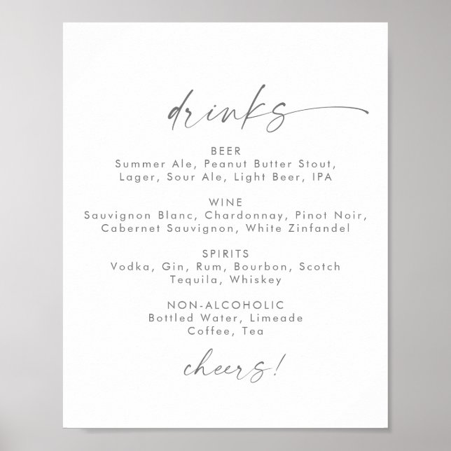 Póster Letrero de menú de bebidas de boda con escritura p (Frente)