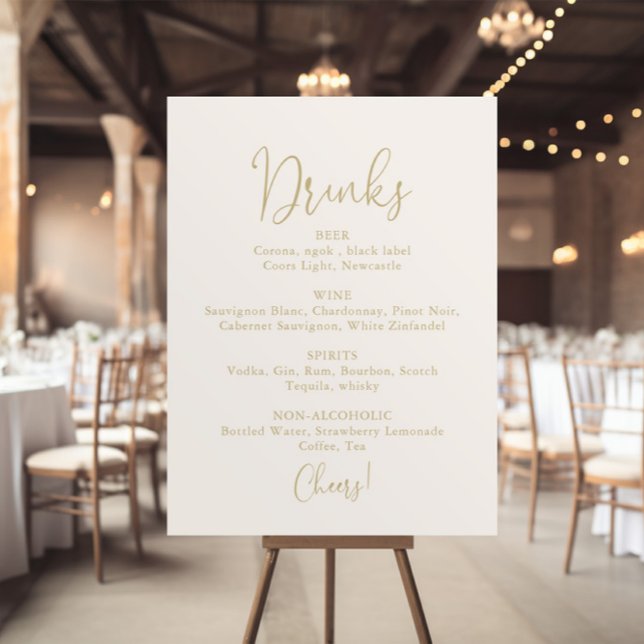 Póster Letrero de menú de bebidas de boda dorado con fuen (Subido por el creador)