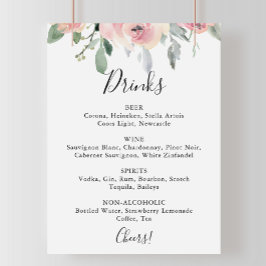 Póster Letrero de menú de bebidas de boda floral rosa ele