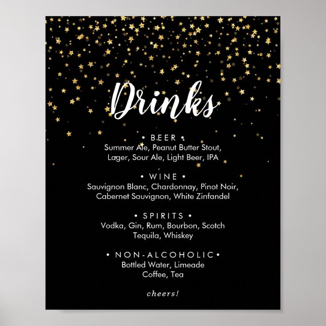 Póster Letrero de menú de bebidas de boda negro | Confeti (Frente)