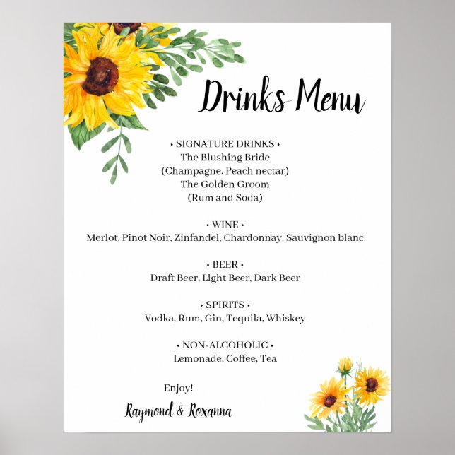 Póster Letrero de Menú de Bebidas de Bodas con Girasoles  (Frente)