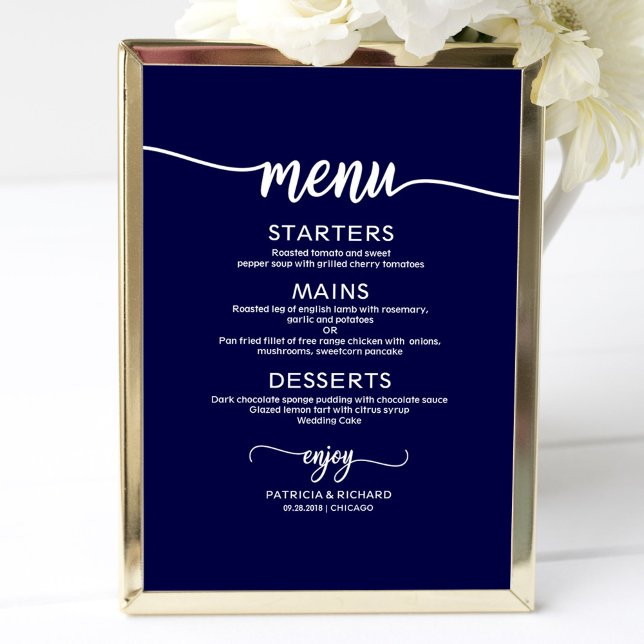 Póster Letrero de Menú de Boda Caligrafía Chic Azul Marin (Subido por el creador)