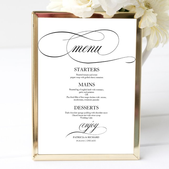 Póster Letrero de Menú de Boda Chic Letra Negra (Subido por el creador)
