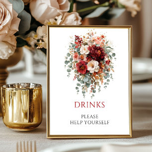 Póster Letrero de Mesa Boho Burgundy Floral Bebidas 8x10