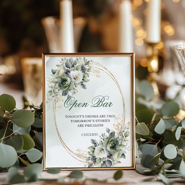 Póster Letrero de Mesa de Bar Abierto Boho Greenery Dorad (Boho Greenery Open Bar 8x10 Tabletop Sign Gold)